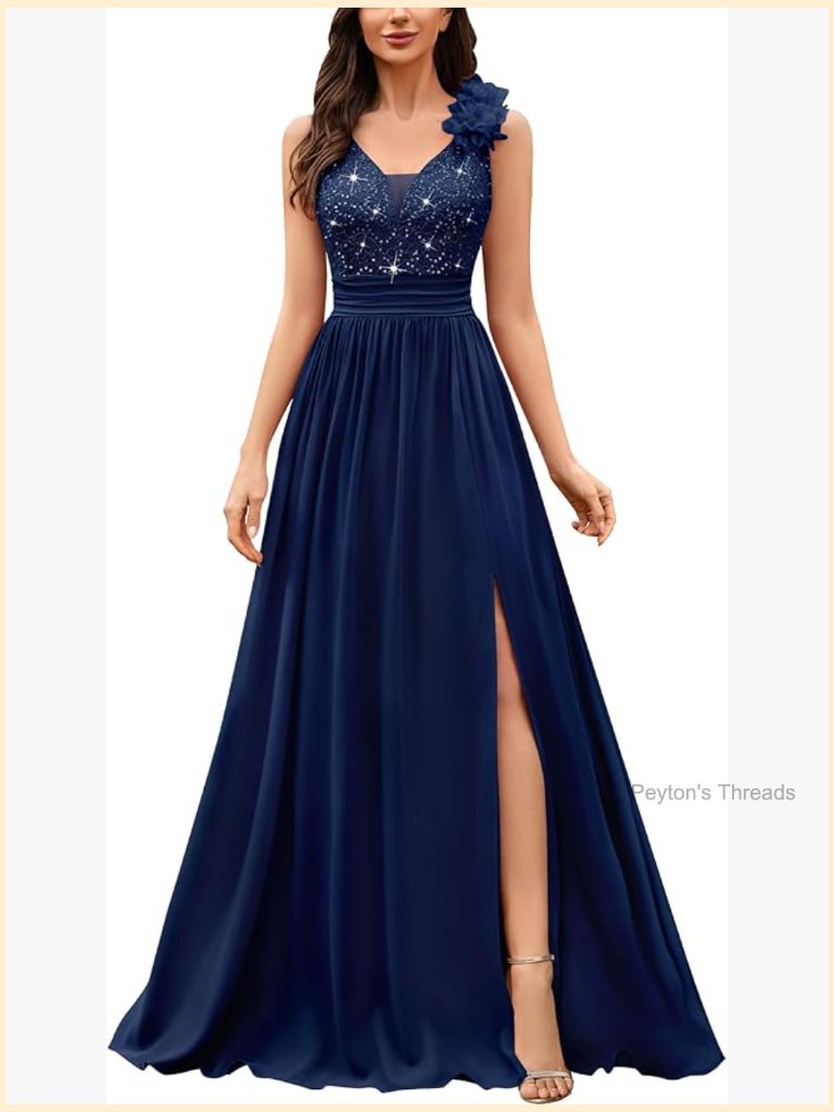 Vintage V-Neck Sleeveless Sequined Lace Split Formal Evening Maxi Dress
